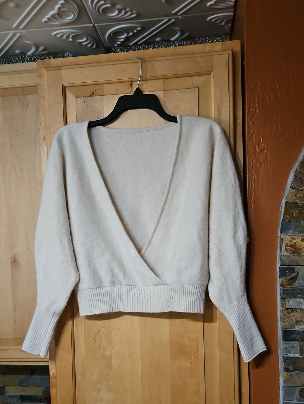 Free People Cream Cashmere Knit Long Sleeve Faux Wrap Sweater Top